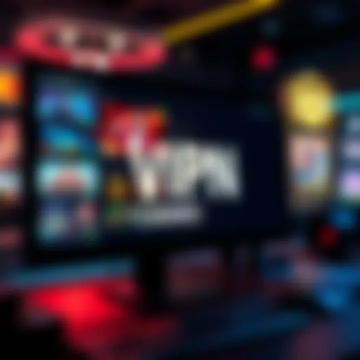 A computer screen displaying various online casino games with a VPN symbol in the corner.