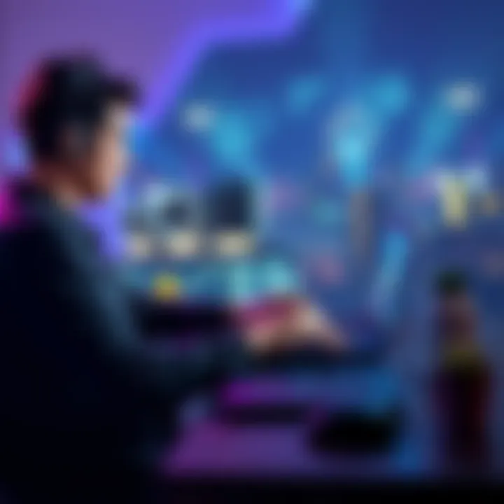 A person sitting at a desk, using a laptop with a VPN connection to play online games while looking concerned about location restrictions.