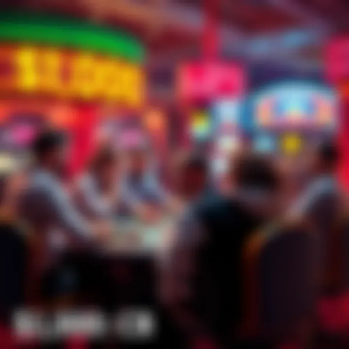 A vibrant casino scene with players excitedly discussing a $1,000 wager bonus at a gaming table.