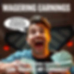 A graphic showing a person looking excited with a small stack of cash and a speech bubble asking for guesses on future earnings