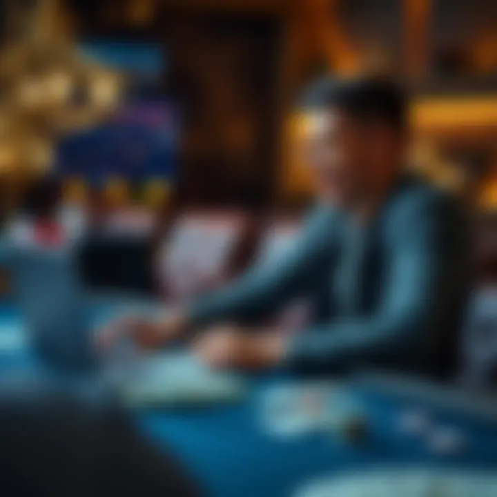 A person sitting at a table with poker chips and a laptop, looking excited about gambling strategies, with money and codes in view