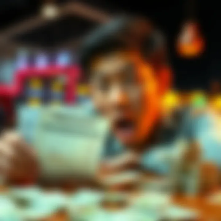 Wagering results A person looking surprised at a betting slip after losing a wager, with currency notes scattered on the table.