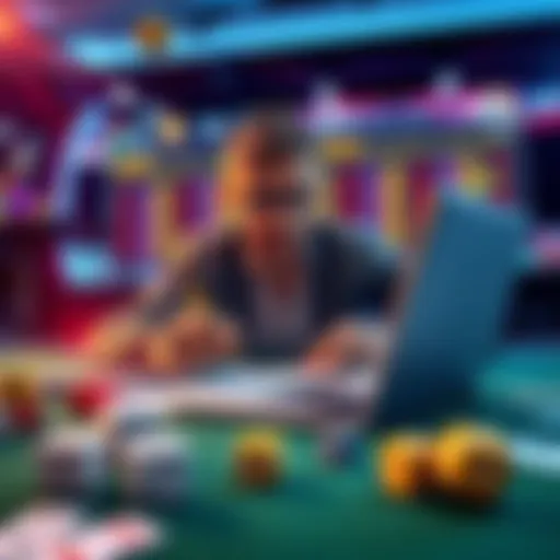 A person calculating bets with a laptop and notes, surrounded by betting symbols like dice and cards.