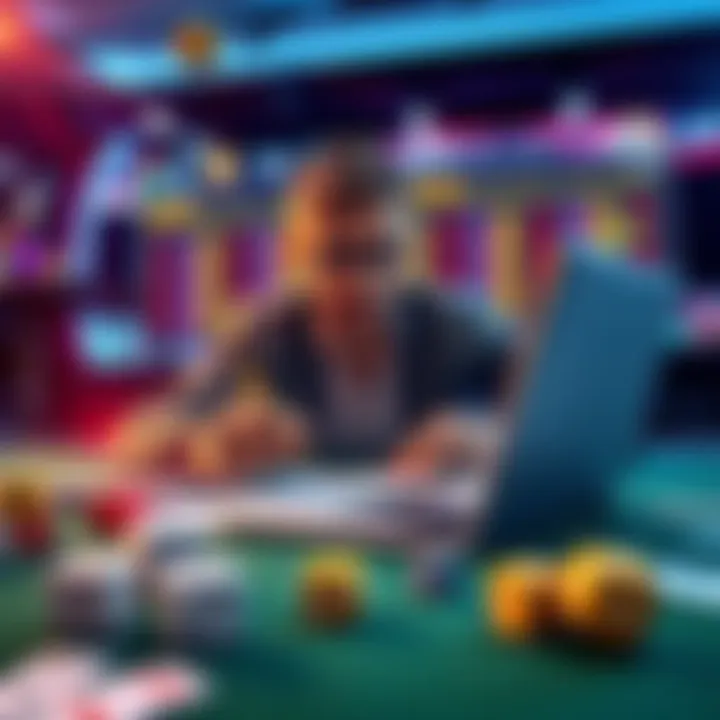 A person calculating bets with a laptop and notes, surrounded by betting symbols like dice and cards.