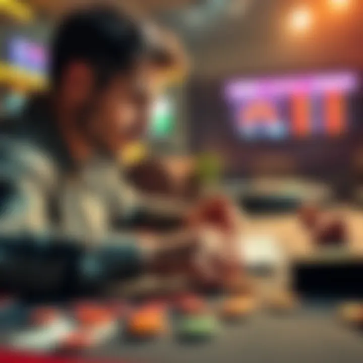 A person analyzing betting options at a table, with chips and cards in front of them, focusing on strategy and bankroll management.