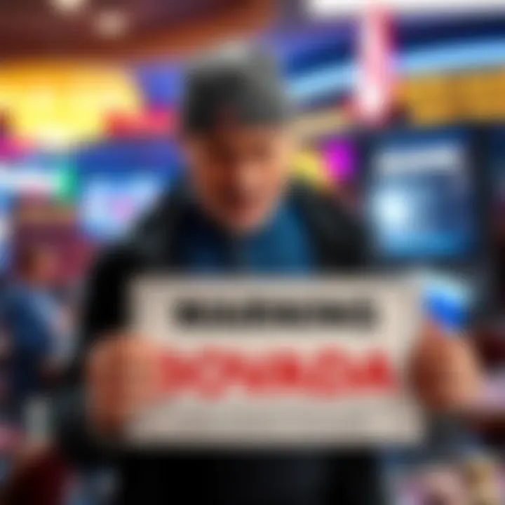 A frustrated gambler holds a sign warning against Bovada after losing winnings due to account suspension