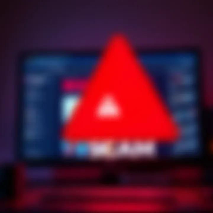 A red warning sign with an exclamation mark over a computer screen displaying a suspicious website, symbolizing online scams.