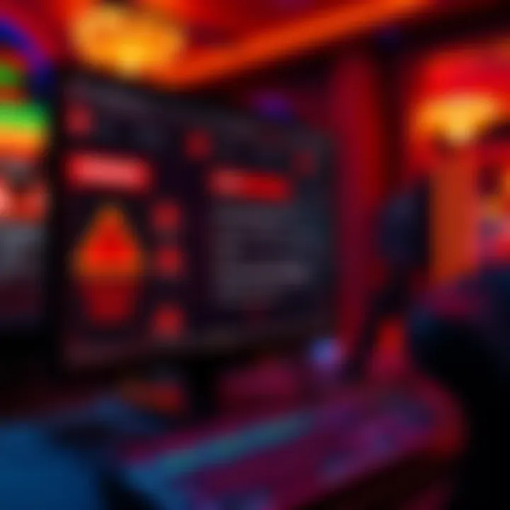 A close-up of a computer screen displaying red flags and warning signs related to casino sites, highlighting issues like suspicious bonuses and fake reviews.