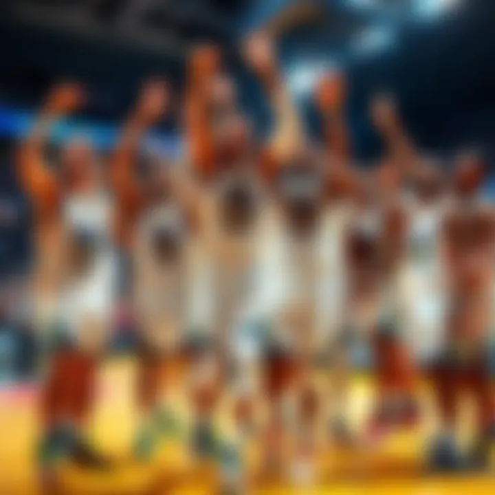 Warriors Celebrating Victory Golden State Warriors players celebrating after a big win on the court, showing teamwork and excitement.