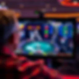 Person focused on a screen displaying a poker game with chips and cards visible