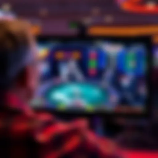 Person focused on a screen displaying a poker game with chips and cards visible