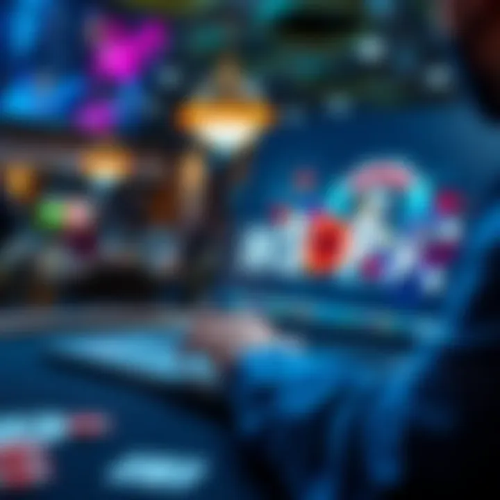 A person watching the World Series of Poker on a laptop with poker cards and chips on the table