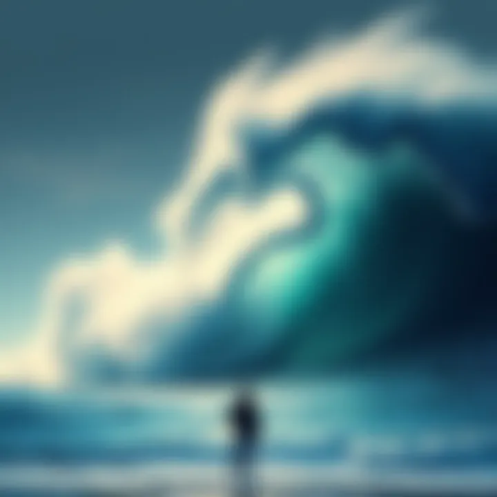A large wave crashing on the shore, symbolizing the overwhelming nature of addiction, with a person standing at the water's edge looking contemplative.