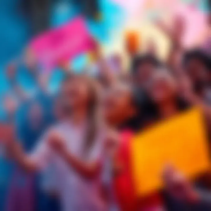 Wave of Positivity A group of diverse people celebrating and expressing joy, surrounded by bright colors and uplifting signs of gratitude.