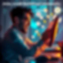A person sitting at a computer excitedly reading about a wealth-building Discord group with dollar signs and chat icons around them