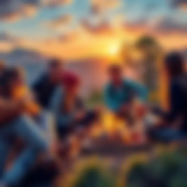 A group of friends enjoying various leisure activities outdoors, including hiking, picnicking, and playing games.