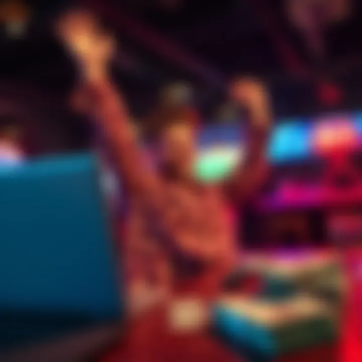 A person celebrating after winning in live arbitrage betting, with a laptop open showing betting odds and a stack of cash on the table.