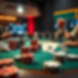 A table with poker chips and playing cards, showing a player celebrating a big win.