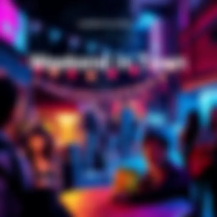 A vibrant scene of people enjoying local festivities with food stalls and live music outside.