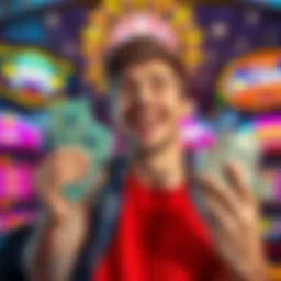 A happy player holding winning tickets in one hand and cash in the other, celebrating a bonus win, with a bright gaming background