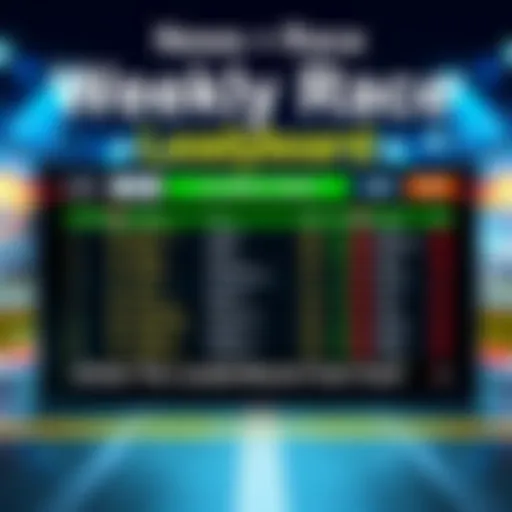 A colorful leaderboard showing top players' names and scores in the Weekly Race, with a racing theme background