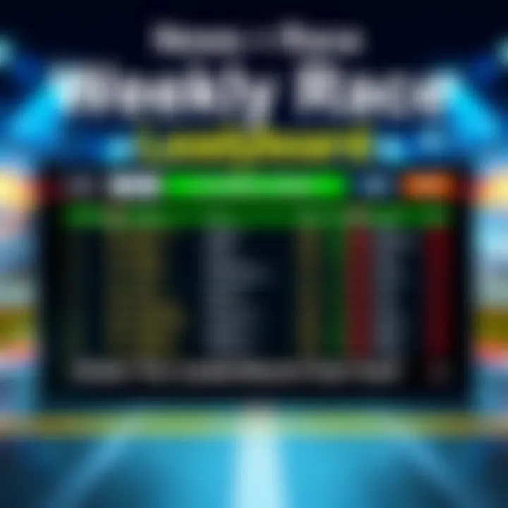 A colorful leaderboard showing top players' names and scores in the Weekly Race, with a racing theme background