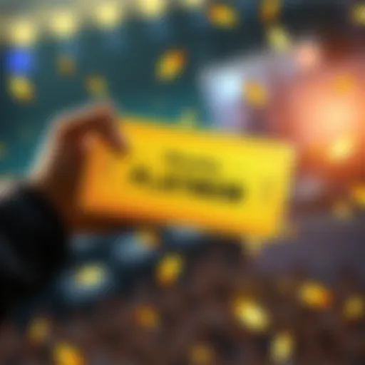A graphic showing a person holding a golden ticket, symbolizing a chance to win a prize, with a background that suggests excitement and competition.