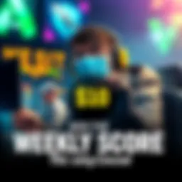 Weekly Score Guessing Contest A graphic showing a guess the score contest with a gaming player ranked Plat 2, featuring a $10 reward for the closest guess.