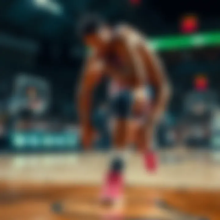 Basketball player Wemby holding his knee in pain on the court.