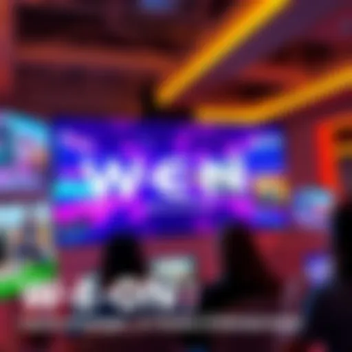 A digital screen displaying the W-E-N logo with vibrant graphics and players engaged in gameplay on different devices.