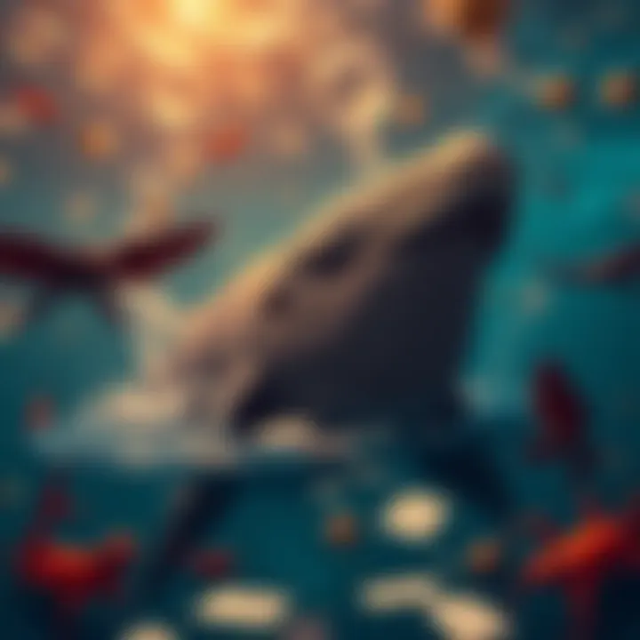 A whale in the ocean, tipsy from drinking, shuffling playing cards with its fins, surrounded by colorful bubbles and sea creatures watching.
