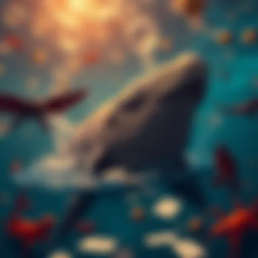 Whale Playing Cards A whale in the ocean, tipsy from drinking, shuffling playing cards with its fins, surrounded by colorful bubbles and sea creatures watching.