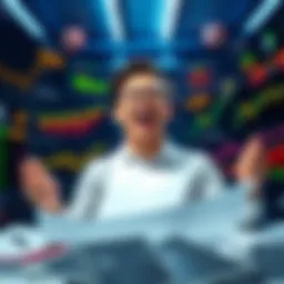 A person planning a white label igaming business, surrounded by gaming graphics and charts, looking excited and hopeful.