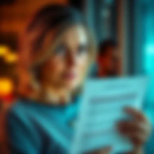 A woman looks worried while holding a printed spreadsheet of her husband's gambling transactions, preparing to talk to him about his addiction.