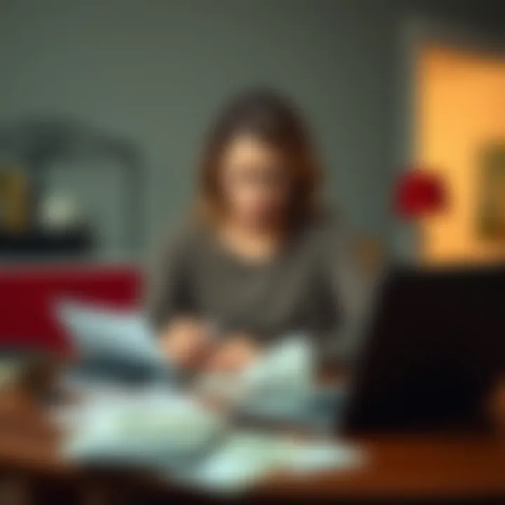 A worried woman sits at a table, looking at bills and a laptop, showing signs of stress over her husband's gambling issues.