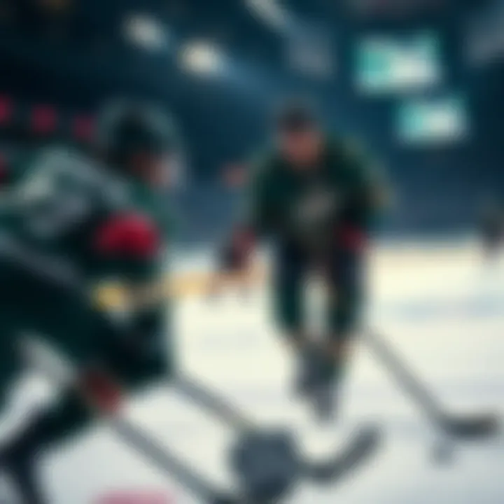 Hockey players from the Wild and Stars competing on the ice during a game