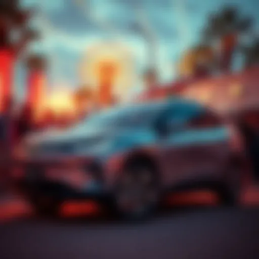 A sleek electric vehicle parked in a vibrant setting with excitement in the air as people gather around, eager to participate in the contest.