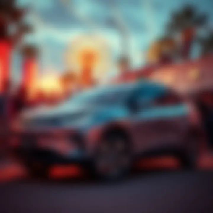 A sleek electric vehicle parked in a vibrant setting with excitement in the air as people gather around, eager to participate in the contest.