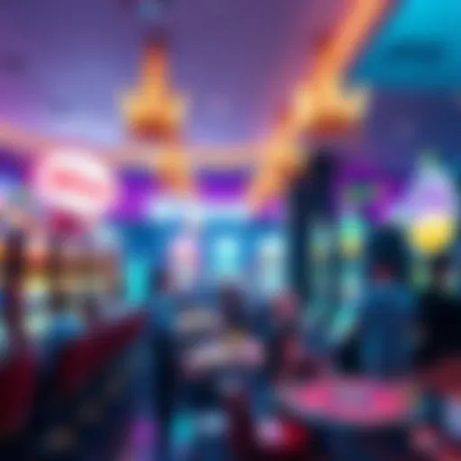 A lively scene at Winna Casino showing people enjoying games at slot machines and tables, with vibrant lights and decorations in the background