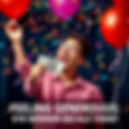 A happy person celebrating with a $10 bill in their hand, surrounded by confetti and balloons, indicating a giveaway win.