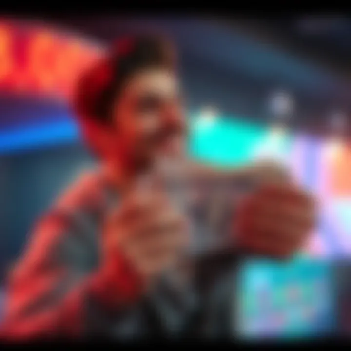 Winner holding cash A person smiling while holding a large amount of cash, contemplating their next move after winning a bet