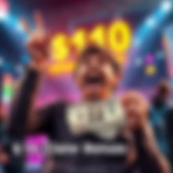 A person celebrating with a $10 bill after winning a bonus, showing happiness and excitement.
