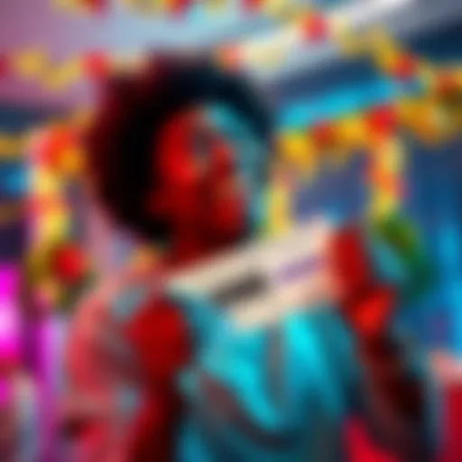 Winner Celebrates First Basket Lotto A person joyfully celebrating their win in the first basket lotto, holding a ticket and smiling with festive decorations in the background.