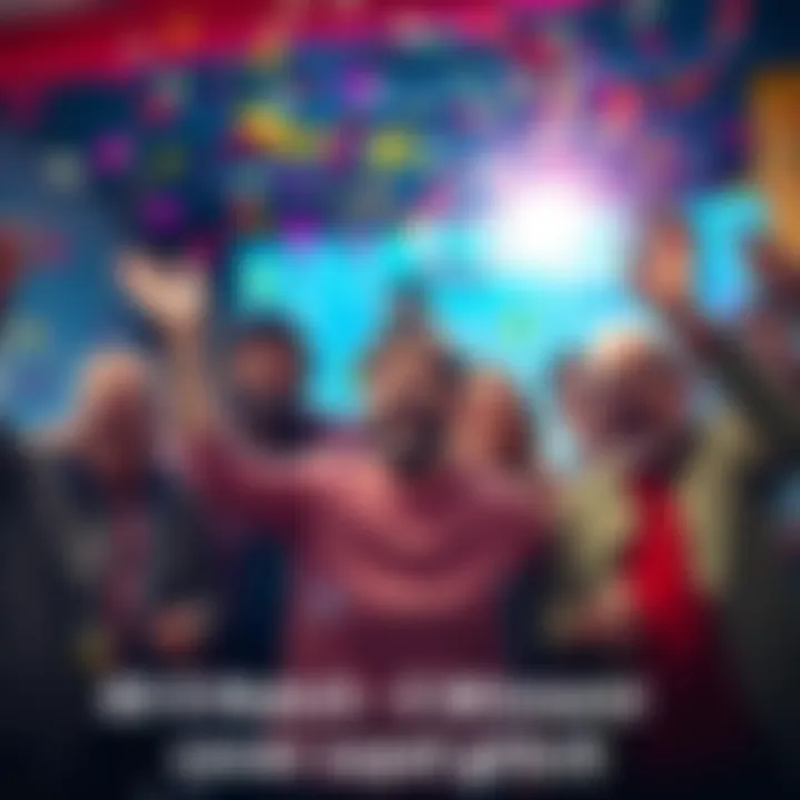 A group of excited people celebrating their lottery win with smiles and confetti