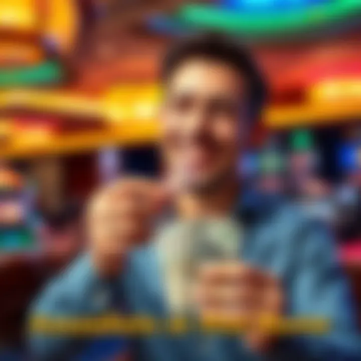 A happy person holding cash and a casino chip, celebrating a fast cashout, with a vibrant casino background.
