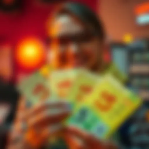A person holding multiple winning $5 scratch-off lottery tickets with smiles and excitement on their face, displaying winnings and showing interest in the lottery system.
