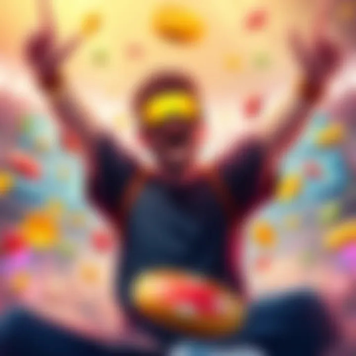 A player celebrating after hitting a big win on a Toshi spin, with colorful gaming symbols around