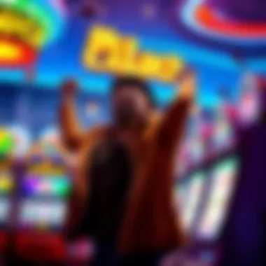 A person celebrating a win at McLuck Casino with colorful slot machines nearby