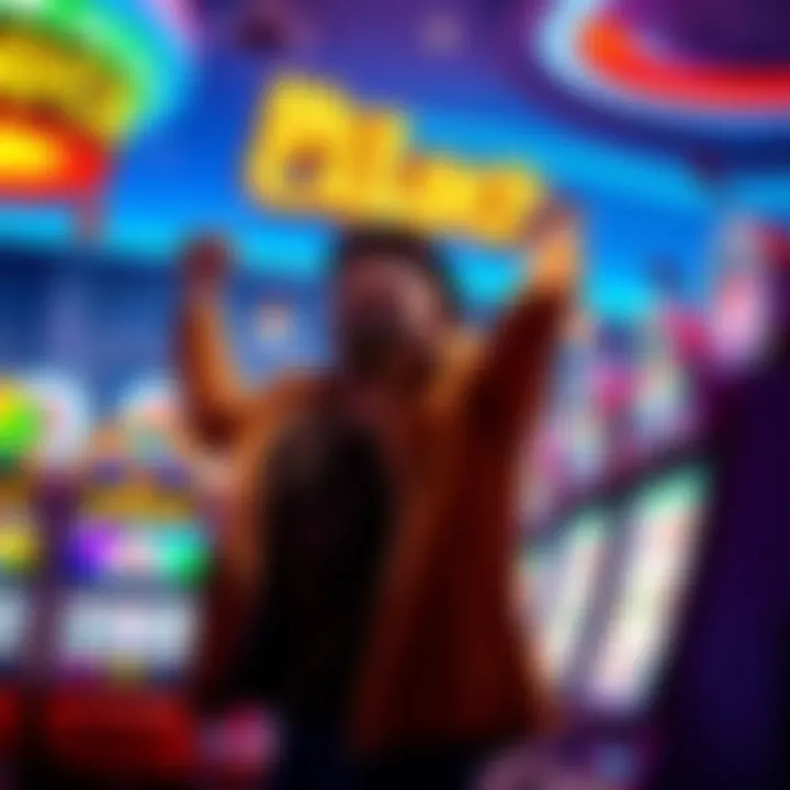 A person celebrating a win at McLuck Casino with colorful slot machines nearby