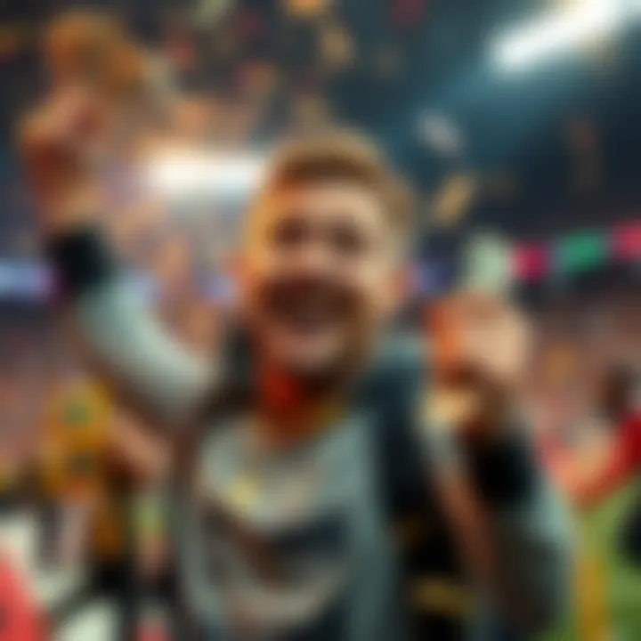 A person celebrating their big win from a 6-leg moneyline parlay bet, holding cash and smiling